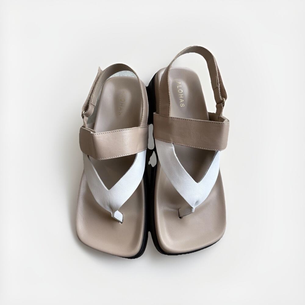 Alohas Decade Bicolor Sandals Thong-style White and Beige Size 11 Square Toe - Picture 2 of 11
